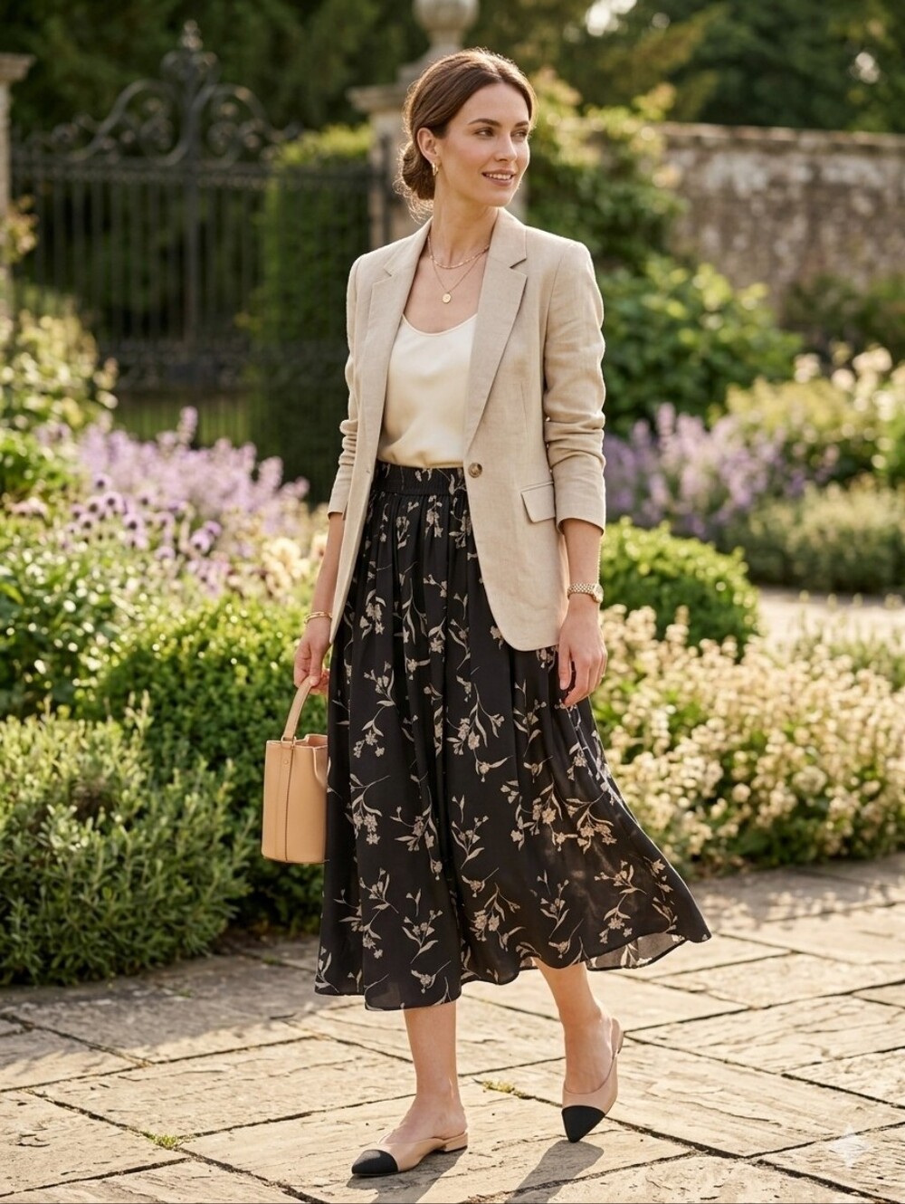 Jones New York 100% Silk Floral Midi Skirt Black Cream Size 6